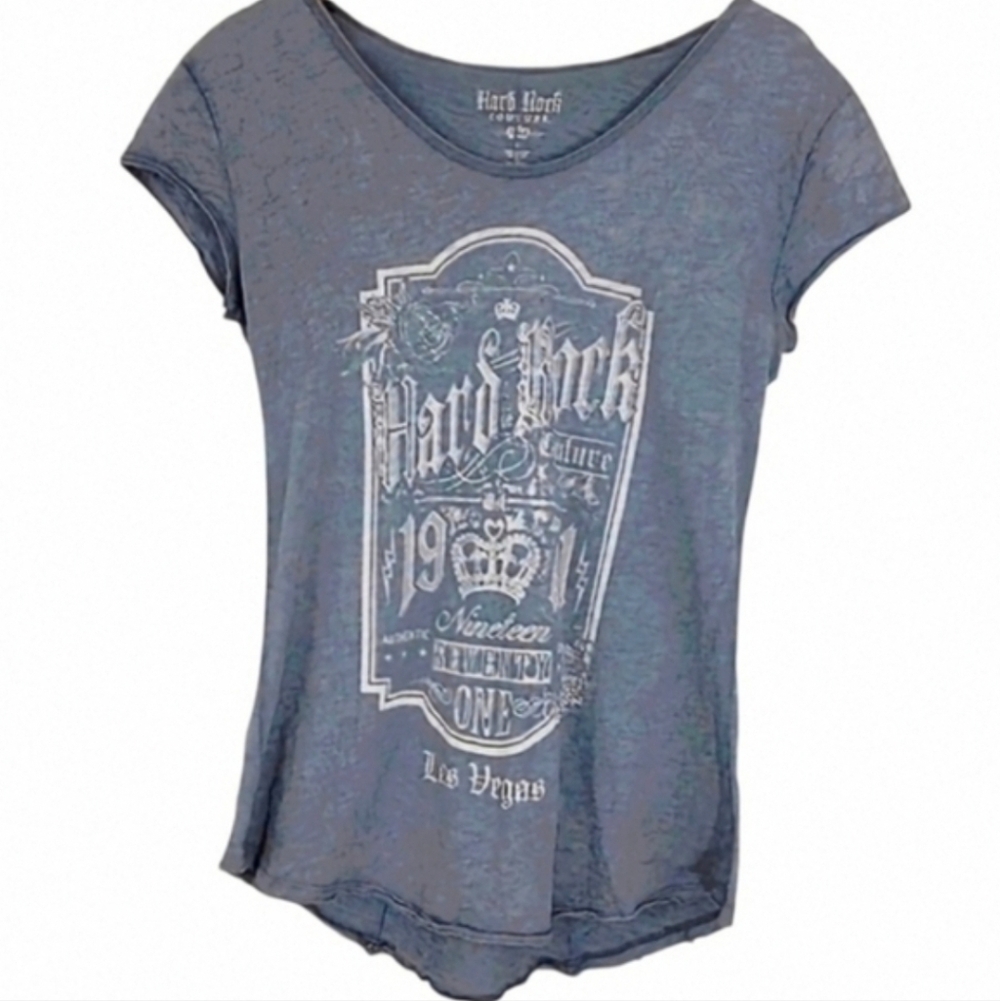 Vintage Wash Hard Rock Cafe Couture Las Vegas Slate Blue Cap Sleeve Grapic T L